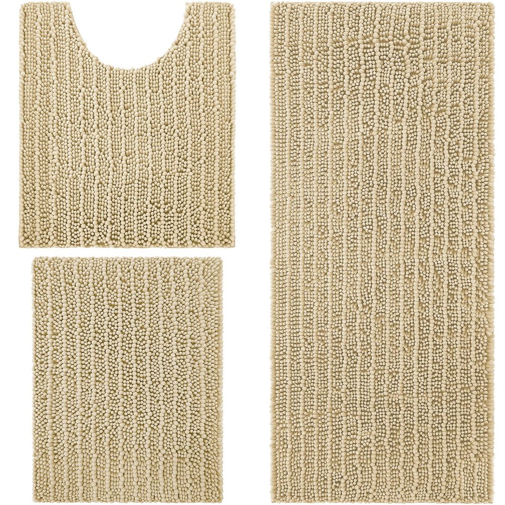 Arotive Chenille Bathroom Rugs and Toilet Rugs U-Shaped 3 Pieces, Bath Rug Size 24x16, 47x17 and Toilet Rug Size 24x20 in Beige, Bathroom Rug Set