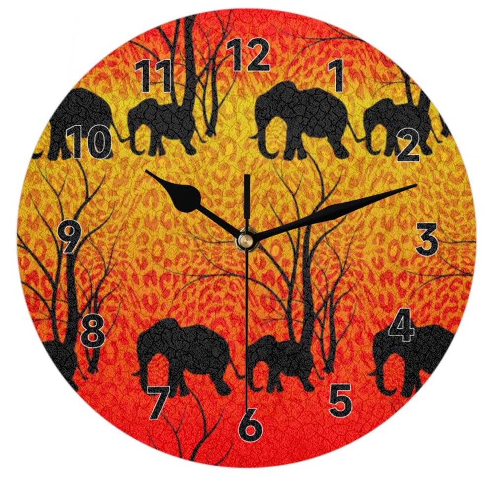 bisibuy Elephant Bright Wall Clock Decorative Round 9.84 Inch Abstract Sunset Wall Clocks Battery Operated for Kitchen Living Room Bedroom Bathroom Office Home Decor