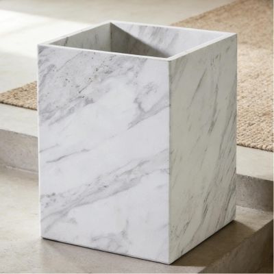 White Marble Wastebasket, Natural Rectangular Trash Can, Luxury Durable Real Stone Storage Basket, Elegant Garbage Container for Bathroom, Home Office, Living Room