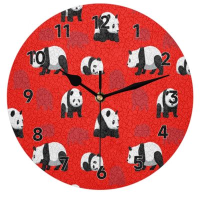 bisibuy Panda Red Pattern Decorative Round Wall Clock 9.84 Inch Cute Animal Modern Wall Clocks Battery Operated for Kitchen Living Room Bedroom Bathroom Office Home Decor Small Wall Clock
