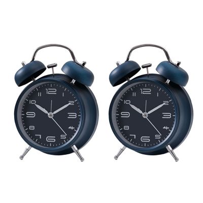 GRFIT Alarm Clock 2pcs Creative Metal Alarm Clock Set Wind Up Mechanical Alarm Bell Clocks, Dark Blue Clock for Bedrooms