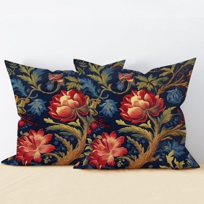 Zyadsinoudor Navy Blue Botanical Burgundy Throw Pillow Case Set of 2 Asian Chinoiserie Cushion Cases 18x18in Decorative Pillow Home Cotton Linen Oriental Throw Pillowcase for Sofa Bedroom Decor