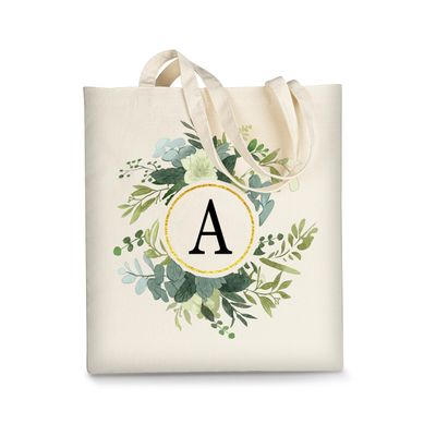 AUSVKAI Canvas Tote Bag Makeup Bag Aesthetic for Women, Cute Leaf Monogram Personalized Initial Birthday Reusable Cotton Bags with Handle for Grocery Letter A