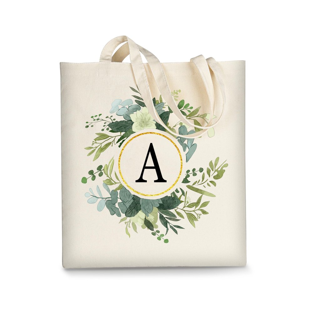 AUSVKAI Canvas Tote Bag Makeup Bag Aesthetic for Women, Cute Leaf Monogram Personalized Initial Birthday Reusable Cotton Bags with Handle for Grocery Letter A