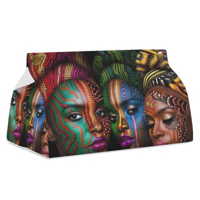 Three African Women with Colorful Tissue Box Cover, PU Leather Rectangular Tissue Box Case Organizer Holder Vanity Dresser Night Stand Table Countertop Home Office Car 7.7X4.7X4.3''
