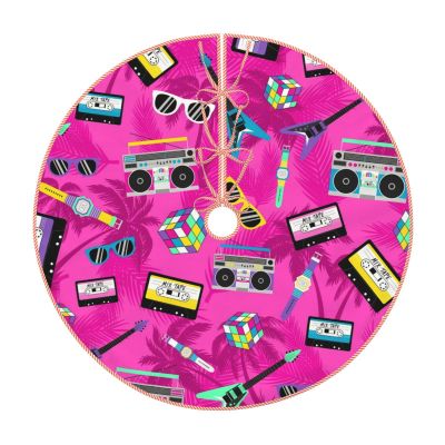 Christmas Tree Skirt 30" Music and Fun 80s Pink Design Linen Xmas Tree Skirt for Holiday Party Christmas Tree Mat Decorations Indoor Outdoor