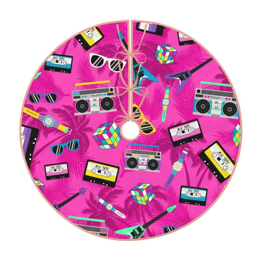 Christmas Tree Skirt 30" Music and Fun 80s Pink Design Linen Xmas Tree Skirt for Holiday Party Christmas Tree Mat Decorations Indoor Outdoor