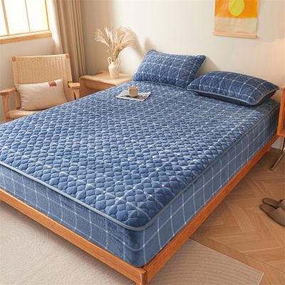 FCLDESHOP Mattress Cover,Autumn Winter Thicken Warm Solid Color Flannel Fitted Sheets, Children's Room Cartoon Print Mattress Protector,Checkered Blue,150x190cm (1pcs)