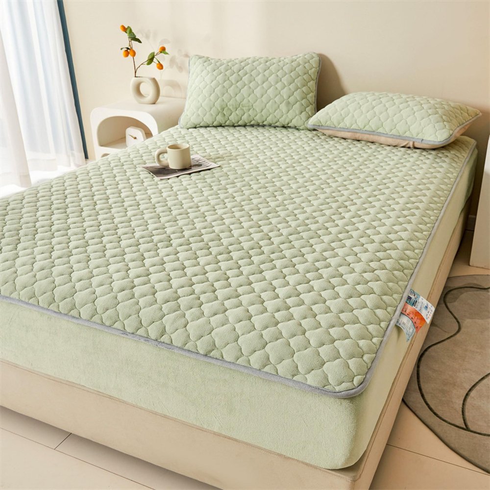 FCLDESHOP Easily Fits Deep Mattress,Autumn Winter Thicken Warm Solid Color Flannel Fitted Sheets, Children's Room Cartoon Print Mattress Protector,Green,180x200cm (3pcs)