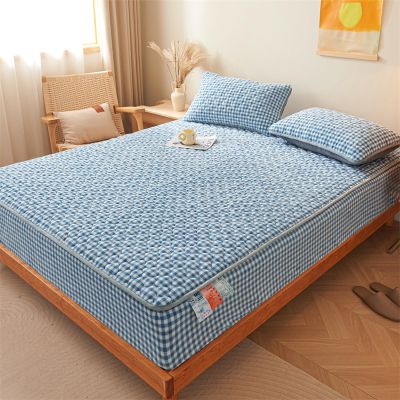 FCLDESHOP Deep Pocket Fitted Bed Sheet,Autumn Winter Thicken Warm Solid Color Flannel Fitted Sheets, Children's Room Cartoon Print Mattress Protector,Checkered Blue 2,180x200cm (1pcs)
