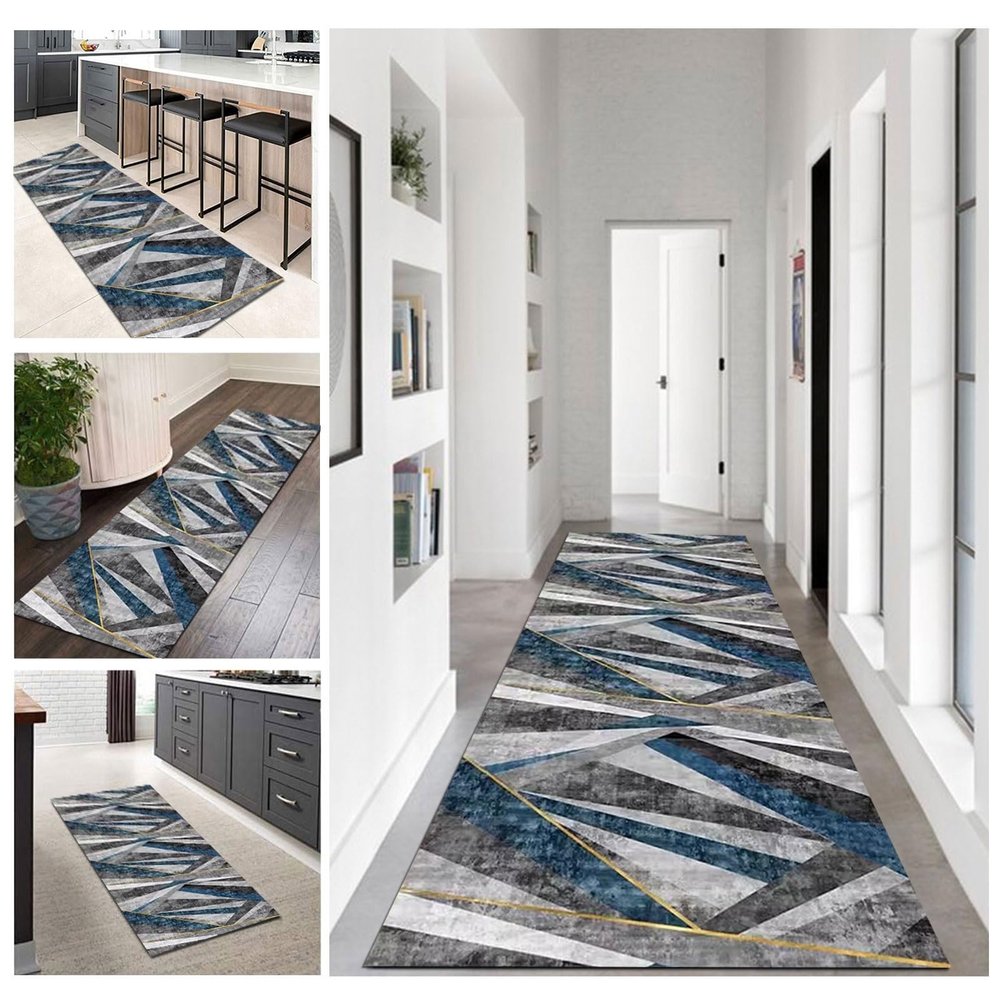 Luyckfrazy Gray Runner Rugs, Washable Low Pile Floor Carpet for Laundry Room Balcony Bathroom, Non-Slip Rubber Backing Kitchen Narrow Rug, 60cm 70cm 80cm Wide - Blue (Size : 2.3 ft 8.2 ft)