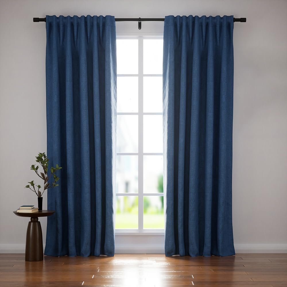 HOMERILLA Blackout Curtains for Bedroom, Linen Black Out Curtains 96 Inches Long Lille Pinch Pleated Back Tab Room Darkening Curtains for Nursery/Living Room 1 Panel, Navy Blue, W72'' x L96''
