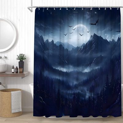 YSSFAV Halloween Full Moon Shower Curtain Scary Night Spooky Bats Gothic Natural Scenery Bathroom Decor Curtains Set with Hooks