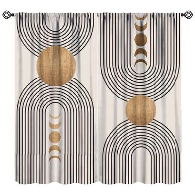 Abstract Moon Phase Curtains, Mid Century Boho Geometric Minimalist Beige Black Line Sun Arch Modern Print Blackout Window Drapes for Living Room Bedroom Decor 63x63in