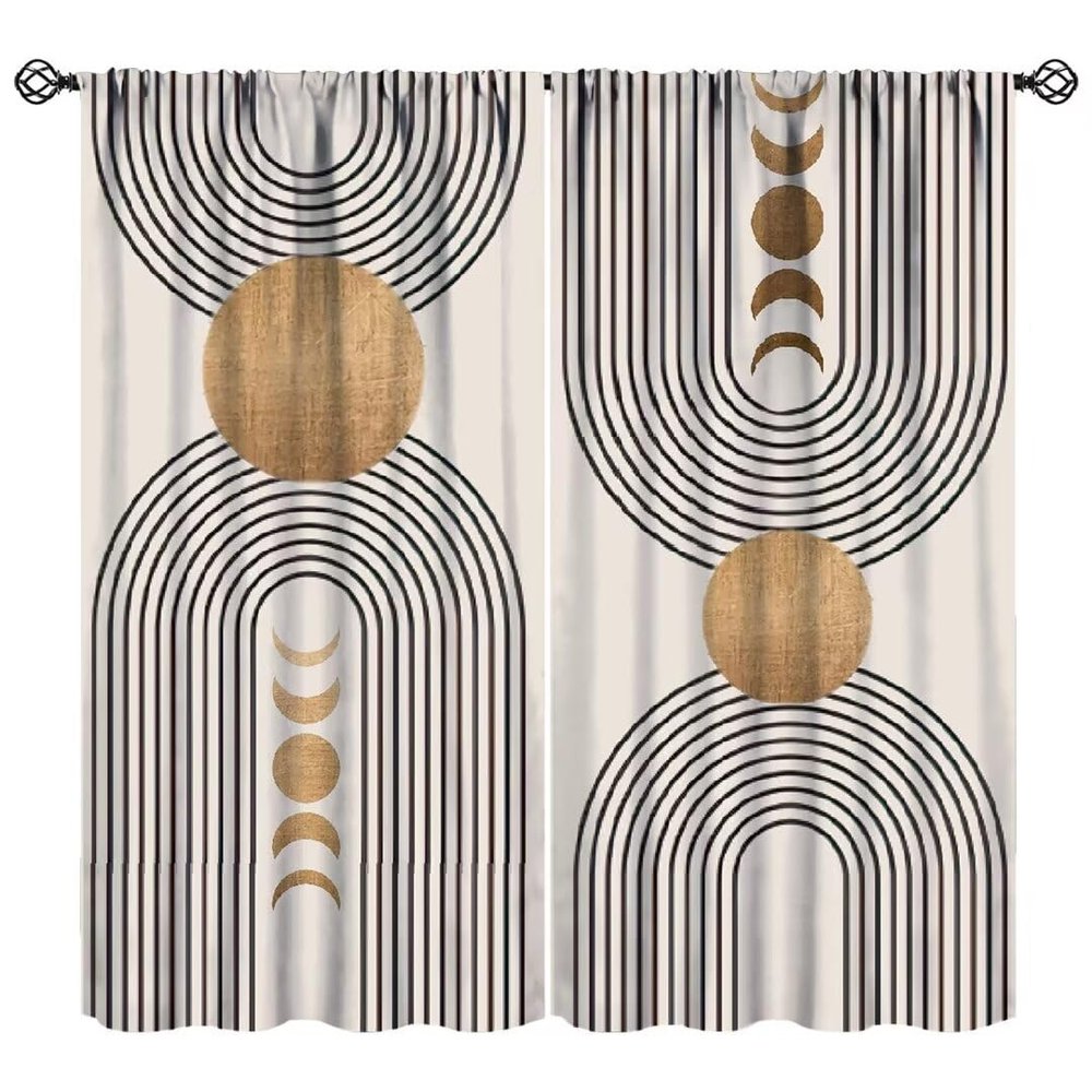 Abstract Moon Phase Curtains, Mid Century Boho Geometric Minimalist Beige Black Line Sun Arch Modern Print Blackout Window Drapes for Living Room Bedroom Decor 63x63in