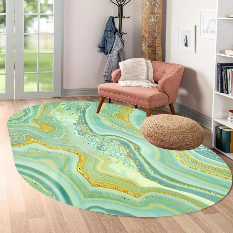 Marble Texture Modern Abstract Sage Green Gold Oval Area Rug 5x7 Faux Wool Boho Chic Rug for Livingroom Bedroom Diningroom Farmhouse Office Kitchen Floor Carpet Mat