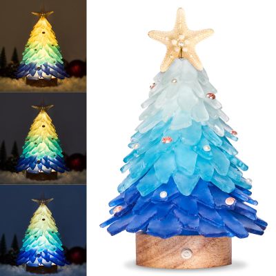 WeDoSoy Sea Glass Christmas Tree - Handcrafted Mini Christmas Tree with LED Lights, Blue Gradient Color, Ideal for Christmas, New Year, Coastal Holiday Decor, Versatile Home Decor