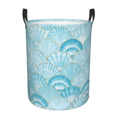 Watercolor Seashells Texture Laundry Hamper with Durable Handle Waterproof Foldable Laundry Basket Circular Dirty Clothes Storage Basket for Bathroom Bedroom Dorm Nursery