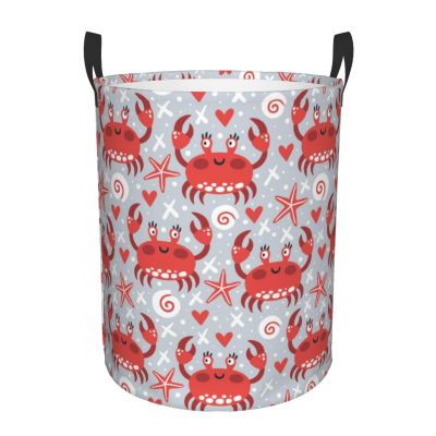 Cute Crabs Funny Sea Animal Laundry Hamper with Durable Handle Waterproof Foldable Laundry Basket Circular Storage Basket Dirty Clothes Organizer Bag for Nursery Bedroom Bathroom College