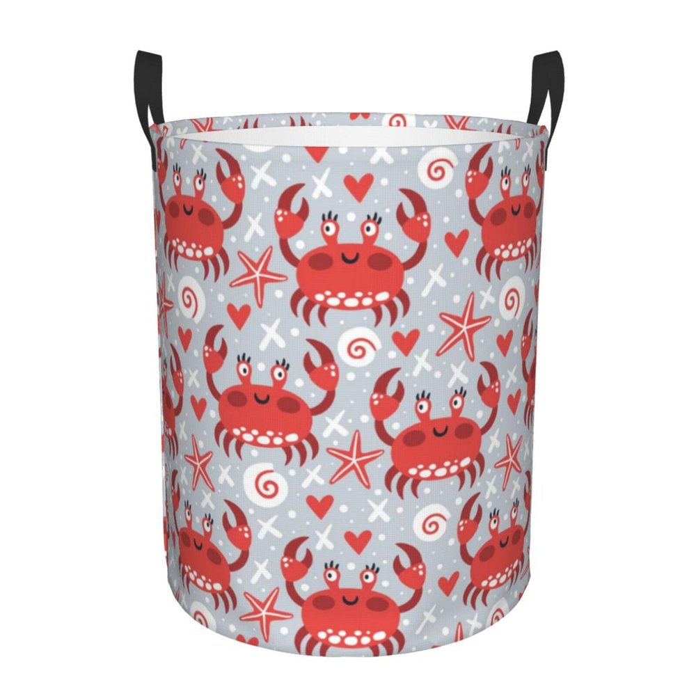 Cute Crabs Funny Sea Animal Laundry Hamper with Durable Handle Waterproof Foldable Laundry Basket Circular Storage Basket Dirty Clothes Organizer Bag for Nursery Bedroom Bathroom College