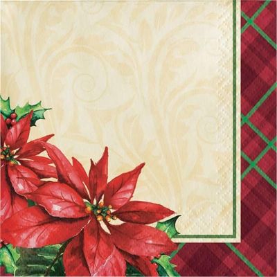 Holiday Plaid Poinsettia Symbols Beverage Napkins 16 Pack