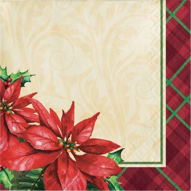 Holiday Plaid Poinsettia Symbols Beverage Napkins 16 Pack
