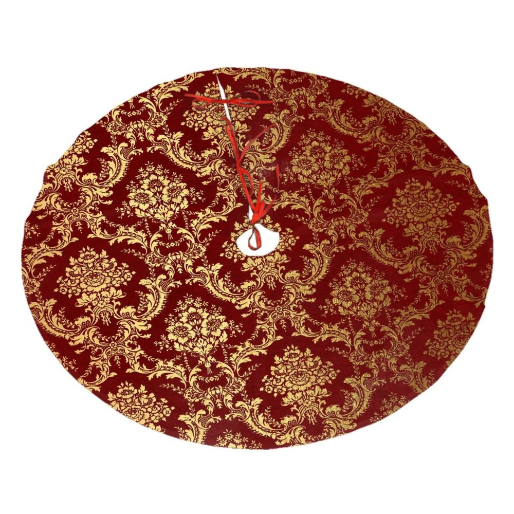 Yssammns Christmas Tree Skirt, Gold Royal Damask Floral Maroon Burgundy Red Xmas Plush Tree Skirt Xmas Tree Ornaments for Xmas Holiday Party Decorations 36"