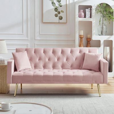 Anwickhomk 72" Velvet Futon Sofa Bed,Convertible Folding Sleeper Couch Bed,Modern Tufted Recliner Loveseat with Golden Chrome Legs for Small Living Spaces,Bedroom Dorms Office (Light Pink)