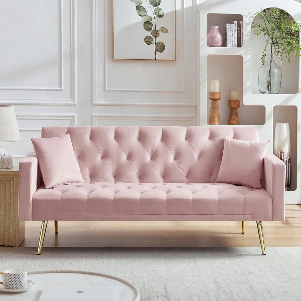 Anwickhomk 72" Velvet Futon Sofa Bed,Convertible Folding Sleeper Couch Bed,Modern Tufted Recliner Loveseat with Golden Chrome Legs for Small Living Spaces,Bedroom Dorms Office (Light Pink)