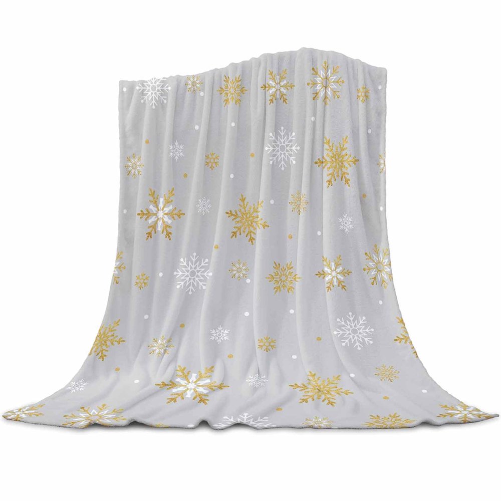 Christmas Throw Blanket Flannel Blankets Cozy Soft Warm Fleece Blankets, Christmas Gold and White Snowflake Grey Fleece Blanket Decorative Throw Blankets for Couch Bed Sofa Dorm, 30x40 inch