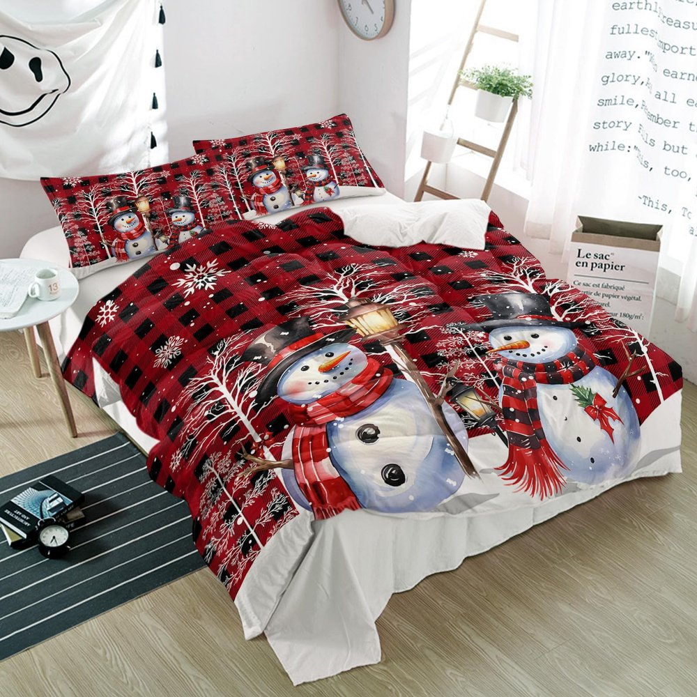 3 Piece Bedding Set,Christmas Snowman Snowflakes Branches Breathable Duvet Cover Super Soft Pillow Shams,Red Black Buffalo Plaid Washable Bed Sets All Seasons for Bedroom Dorm California King