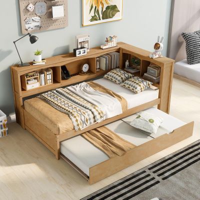 Wooden Daybed with Charging Station and Storage Shelves, Twin Size Extending Daybed with Trundle, Sofa Bed Frame with Wood Slat Support for Living Room, Bedroom and Guest Room, Wood Color