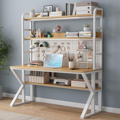 FAANAS Computer Desk with Storage Shelves & Pegboard, Solid Wood Writing Desk Large Study Writing Workstation Table Modern Home Office Desk(43" W x 69" H x 23.6" D, Brown & White)