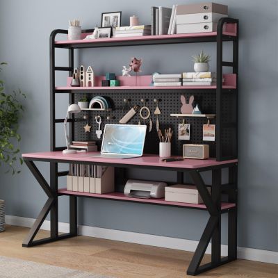 FAANAS Computer Desk with Storage Shelves & Pegboard, Solid Wood Writing Desk Large Study Writing Workstation Table Modern Home Office Desk(47" W x 69" H x 23.6" D, Pink & Black)
