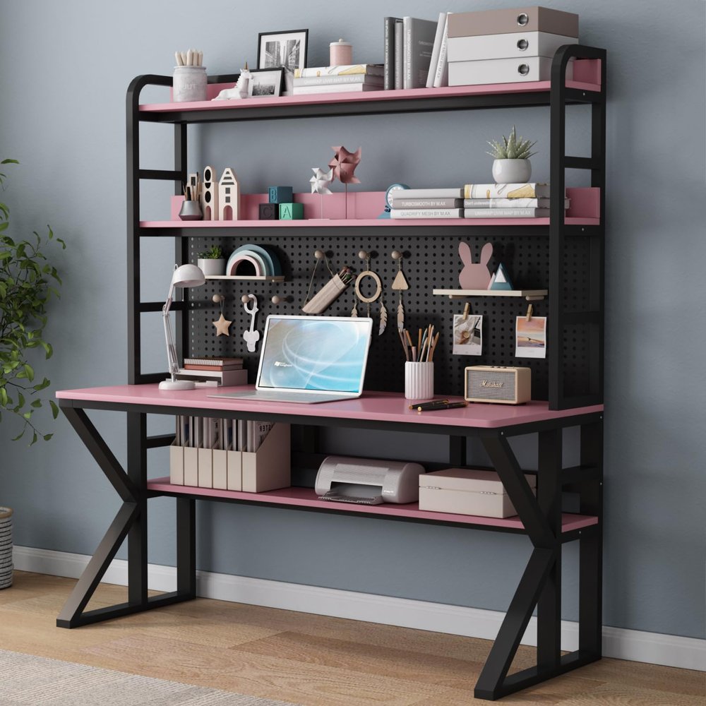 FAANAS Computer Desk with Storage Shelves & Pegboard, Solid Wood Writing Desk Large Study Writing Workstation Table Modern Home Office Desk(47" W x 69" H x 23.6" D, Pink & Black)