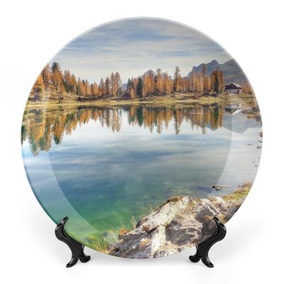 Autumn Lake Decorative Hanging Plate Home Decor Accent Souvenir Wall Art Kitchen Dinner Plate Ceramic Household Plates with Display Stand Wedding Collection Plate Dish Christmas Decoration 6"