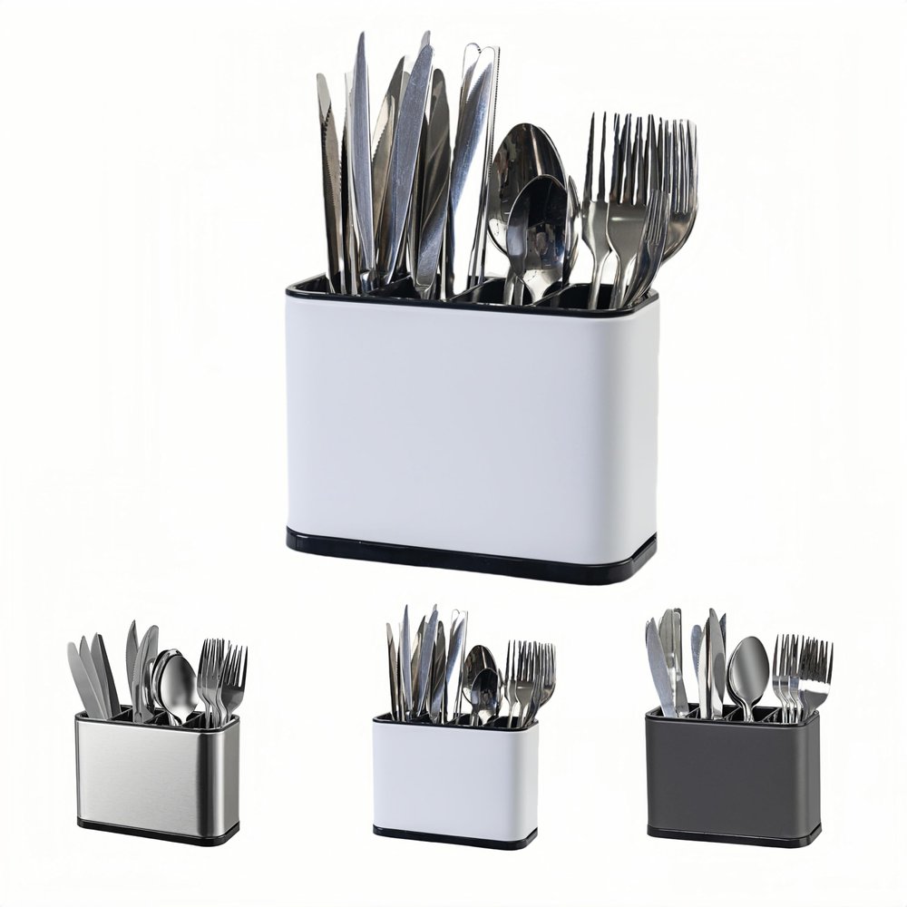 LIBODOUR Utensil Holder,Stainless Steel Caddy Counter,Spoon holder,4 Compartments Silverware Caddy,Capacity Flatware Spoon Fork Tool Cutlery HolderWhite
