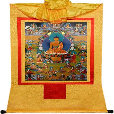 Buddha Zen Wall Hanging,Meditation Tapestry,buddha tangka,scroll mural,Shakyamuni Tibetan Thangka Tapestry Embroidery Painting Handmade Buddhist Thangka Brocade(Color:Gold,Size:M)(Color:Blu,Size:S)(Co