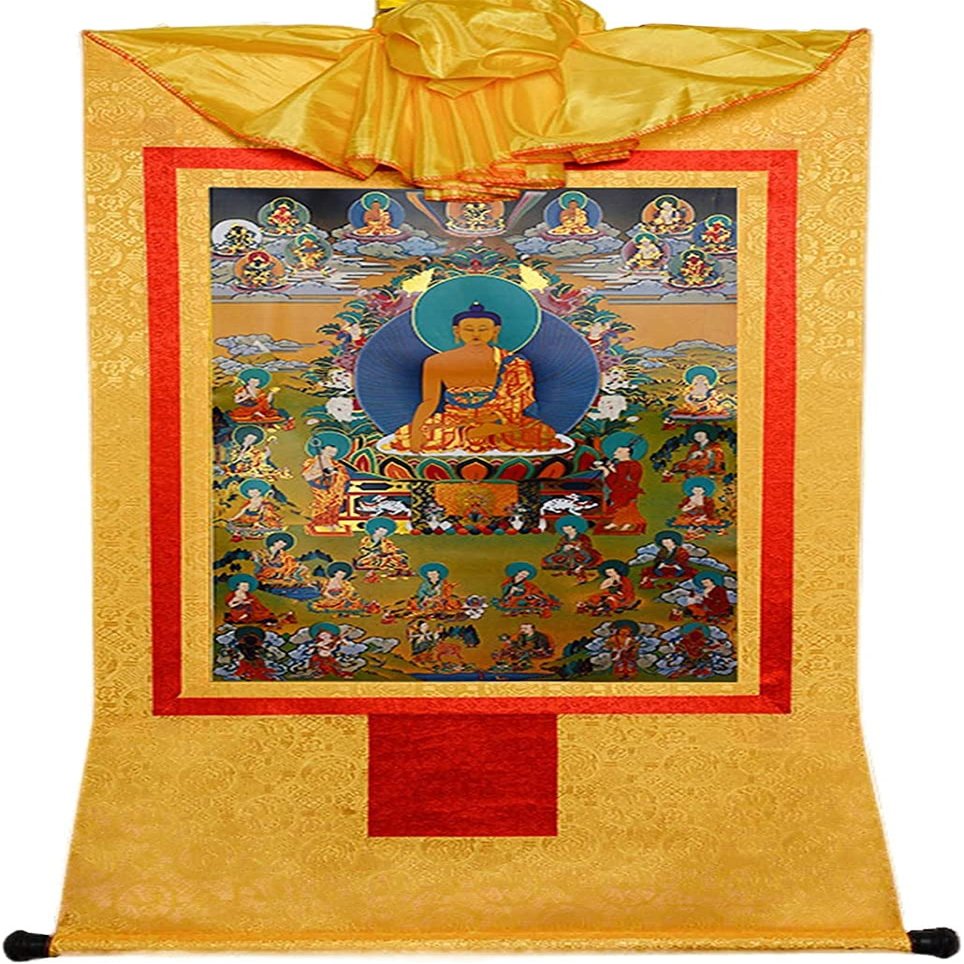 Buddha Zen Wall Hanging,Meditation Tapestry,buddha tangka,scroll mural,Shakyamuni Tibetan Thangka Tapestry Embroidery Painting Handmade Buddhist Thangka Brocade(Color:Gold,Size:M)(Color:Blu,Size:S)(Co