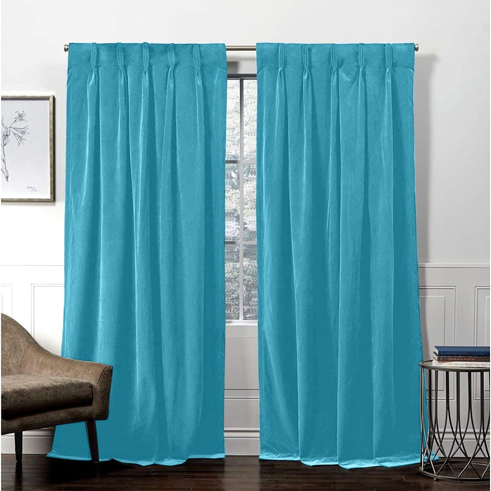 Aqua Blue Pinch Pleated Drapes Thermal Insulated Room Darkening Velvet Drapes Window Treatment Panels for Traverse Rods Living Room, Bedroom, Patio Door, Room Divider, Office L120