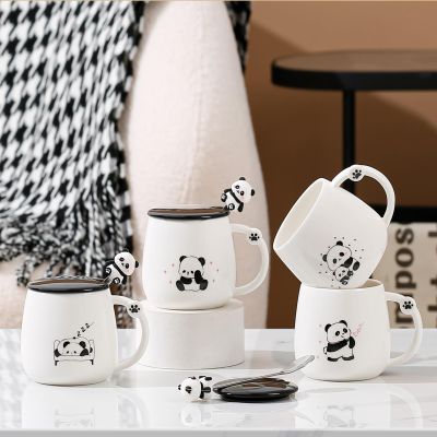 drius Cute black and white panda mug ceramic coffee cup with lid spoon large capacity couple water cup