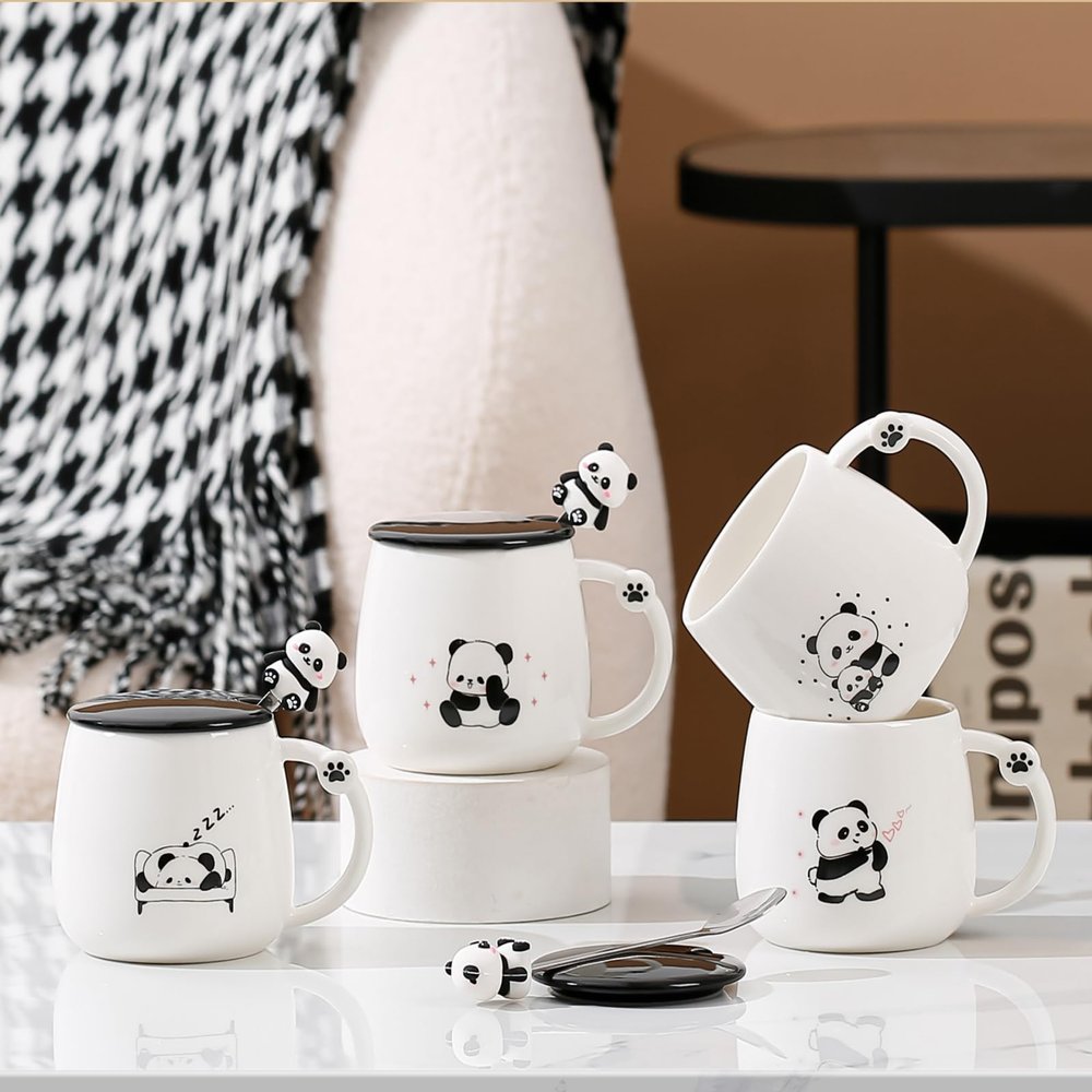 drius Cute black and white panda mug ceramic coffee cup with lid spoon large capacity couple water cup