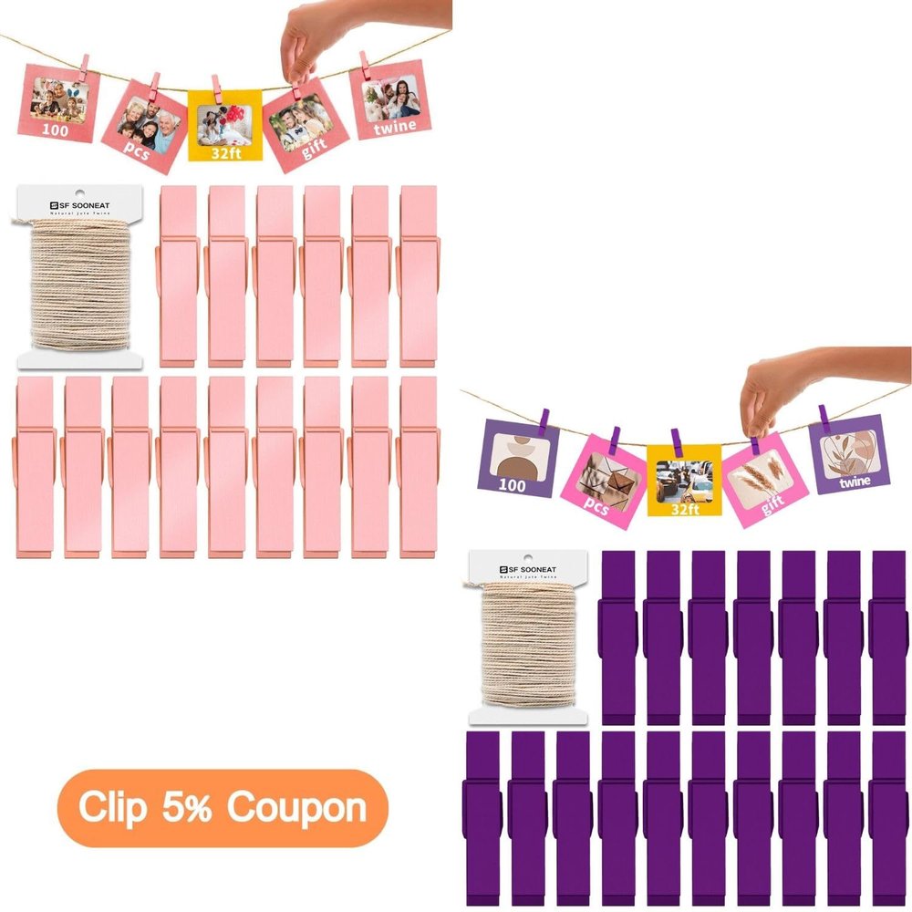 Clothes Pins Mini Clothespins Pink Purple 100 PCS Wooden Small Clothespins for Pictures with Jute Twine Tiny Photo Paper Clip, Ideal for Baby Shower, Crafts, Chip Clips, Home Office Decoration