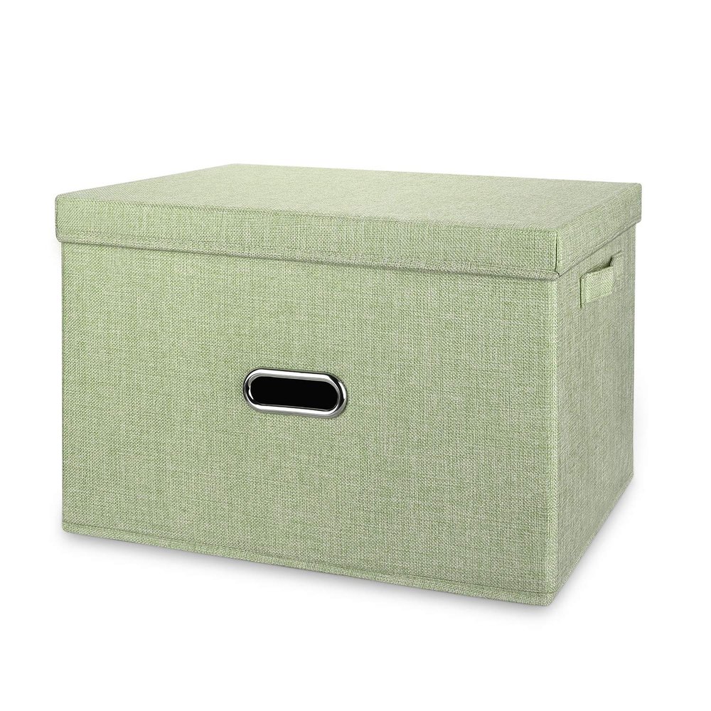 Valease Large Linen Fabric Foldable Storage Bins with Removable Lid and Handles, Washable Storage Box Organizer Containers Baskets Cube with Cover for Bedroom,Office(Green, XXL)