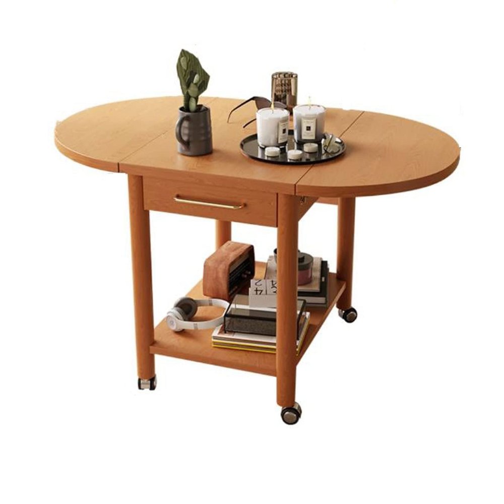 living room table 2-Tier Mobile Solid Wood Coffee Table Side Table End Table with Rolling Wheels, Foldable Dinning Table Center Table with Storage Shelf and Drawer for Living Room, Dining Room, Bedroo