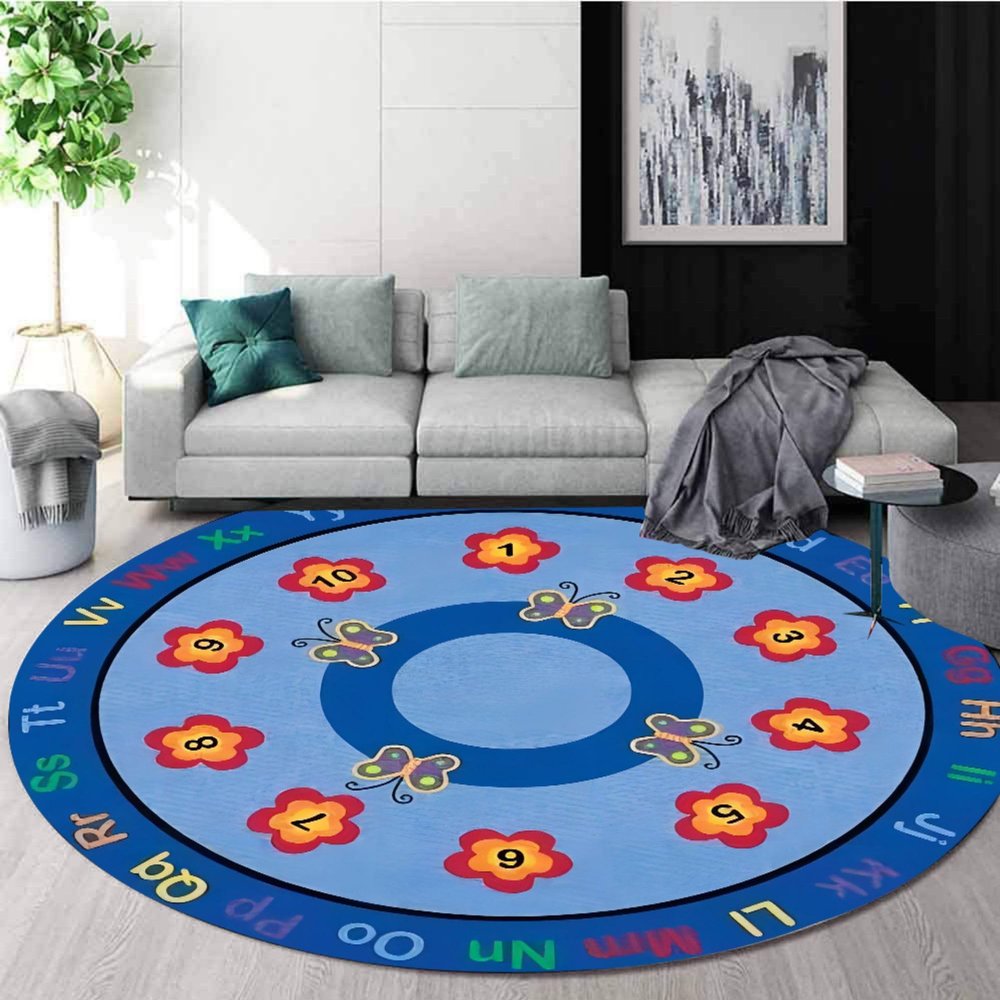 Kids Playroom Rug, 3ft, Ruond Cartoon Flower Butterfly RugColorful Letters ABC RugPreschool Nursery Classroom Rugfor Children's Room Carpet, Indoor Non-Slip Washable Rugs