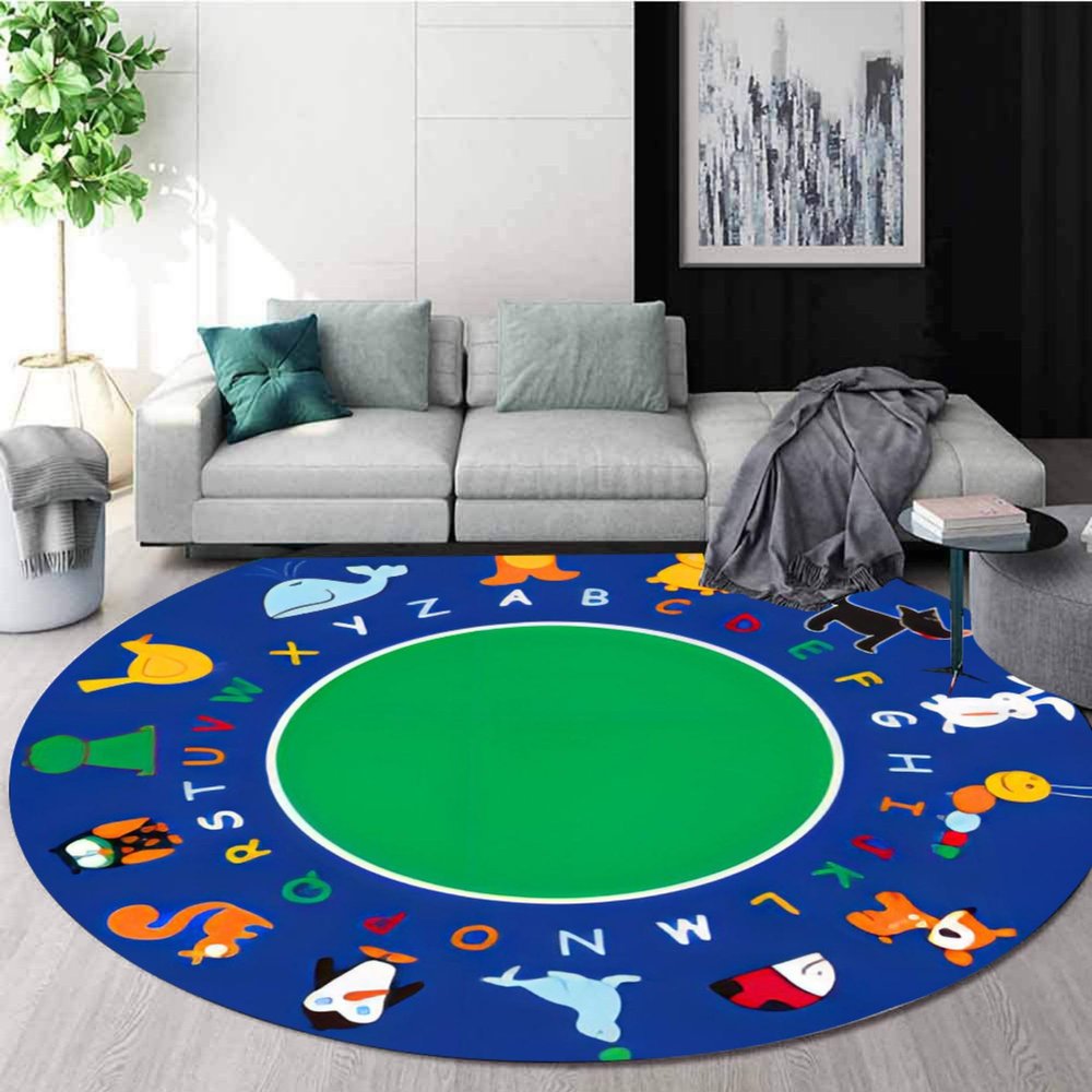 Round Kids Rug, 3ft, Cartoon Animal Print RugColorful Letters ABC RugPreschool Classroom Rugfor Children's Room Carpet, Indoor Non-Slip Washable Rugs
