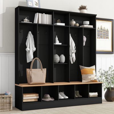 Hlcodca Wide Design Hall Tree with Storage Bench, Minimalist Shoe Cabinet with Cube Storage & Shelves, Multifunctional Coat Rack with 8 Hooks for Entryways Hallway Mudroom (Black-001)