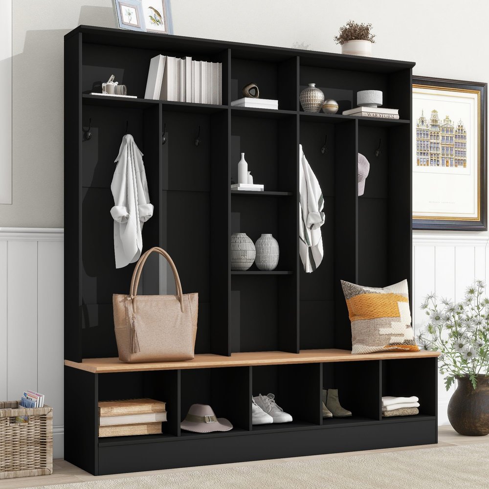 Hlcodca Wide Design Hall Tree with Storage Bench, Minimalist Shoe Cabinet with Cube Storage & Shelves, Multifunctional Coat Rack with 8 Hooks for Entryways Hallway Mudroom (Black-001)