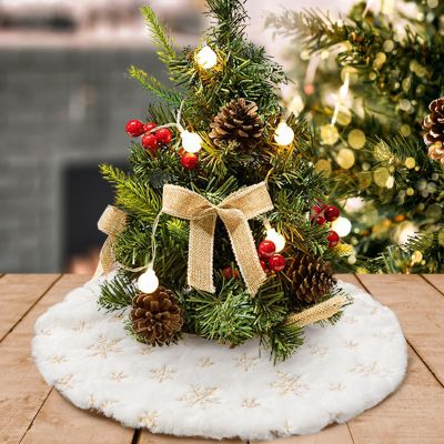 DegGod Plush Christmas Tree Skirts, 24 inches Luxury Snowy White Faux Fur Small Xmas Tree Base Cover Mat with Gold Snowflakes for Xmas New Year Home Party Decorations